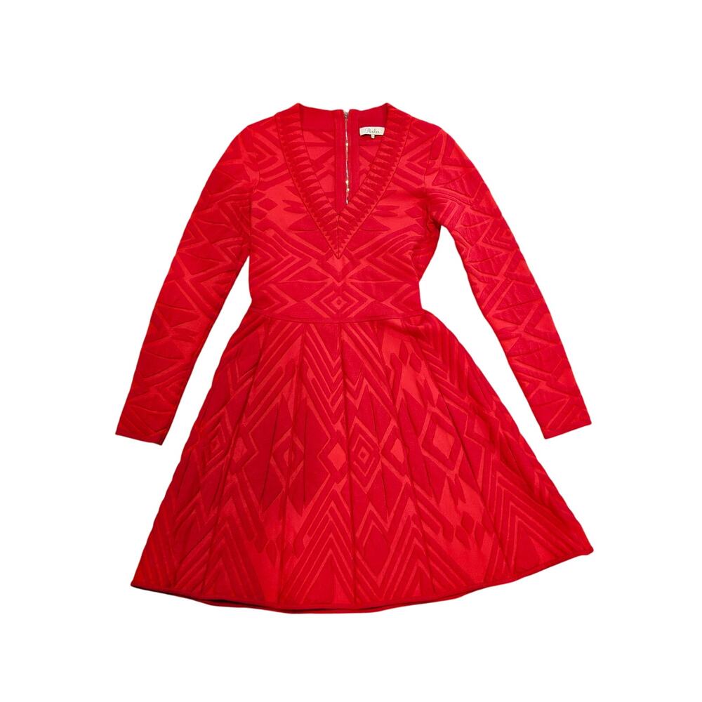 Parker medium red fit and flare mini dress knit textured holiday party preppy